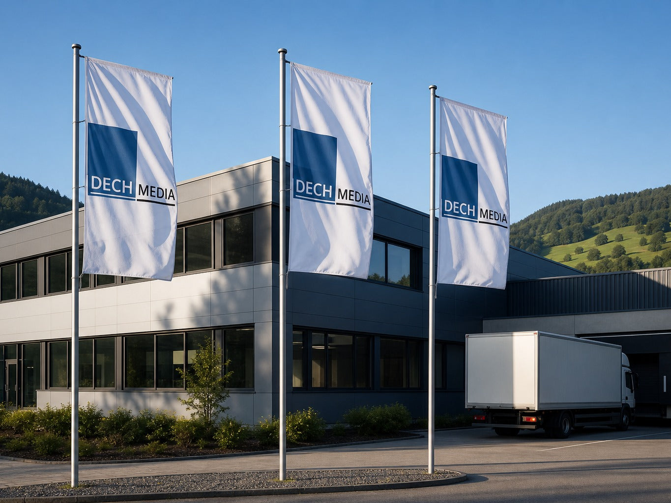 DECH Media Firmengebaeude im Dreilaendereck mit Fahnen und LKW an der Laderampe